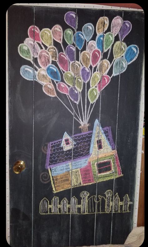 Disney Chalkboard Art, Dry Erase Board Drawings Easy, Summer Chalkboard Ideas, Dry Erase Board Drawings, Chalk Wall Ideas, Up House With Balloons, Summer Chalkboard Art, Chalk The Walk, School Chalkboard Art