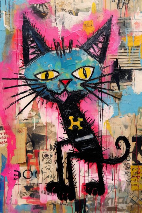 The composition features an array of vivid colors, including pink, yellow, white, blue, beige, black, and gray. Our abstract cat painting is a true masterpiece that evokes emotions and sparks imagination. It combines various artistic styles, from drawing and painting to street art, creating a visually compelling piece that seamlessly blends contemporary art with traditional illustrative methods. #GiveMeMood #Whimsical #CatPortrait #AbstractArt #Acrylic #Painting #BlackCat #VibrantColors Basquiat Inspired, Funny Cat Wallpaper, Cat Colors, Cat Wallpaper, Cat Painting, Street Artists, Cat Face, Cat Drawing, Pablo Picasso