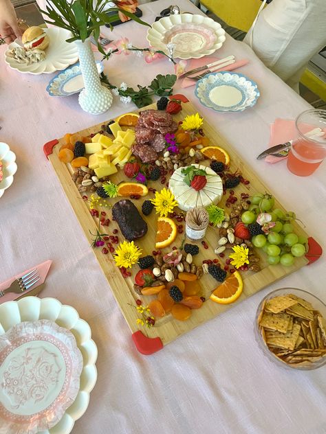 cottage girl birthday party, charcuterie, aesthetic snack, party food, 17th birthday party Aesthetic Birthday Snack Table, Cottagecore Birthday Party Food, Cottagecore Party Food, Charcuterie Board For 18th Birthday, Cottagecore Charcuterie Board, 17th Birthday, Girl Birthday Party, Charcuterie Board, Party Food