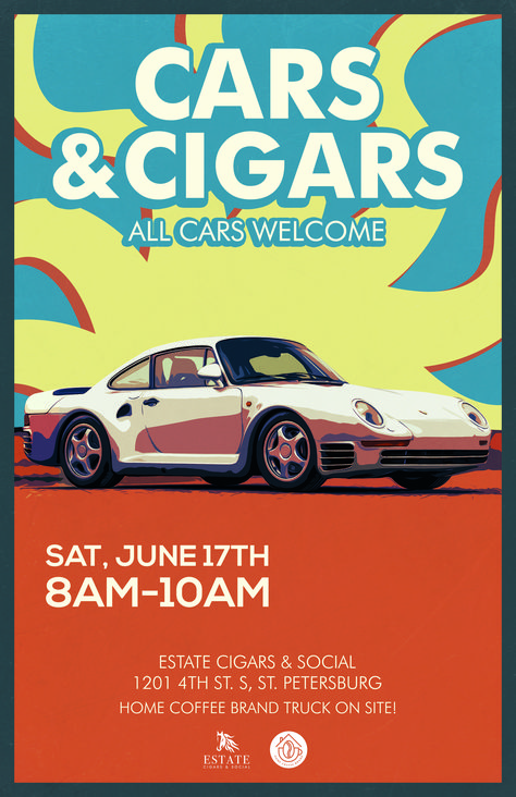 Event poster design. Cars, cigars. Illustrated poster for event. Graphic design and art. #posterdesign #posterart #cars #carsposter Car Show Poster Design, Car Festival Poster, Graphic Design Posters Event, Car Event Poster, Vintage Car Poster Design, Posters For Events, Car Show Poster, Poster For Event, Bbq Poster