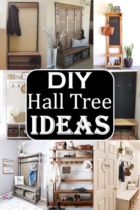 Building a DIY hall tree would be an affordable way to keep all your essentials organized and within easy reach while stylish handmade furniture welcomes the visitor classically and traditionally. So learn from these DIY hall tree ideas with video tutorials from the finest professionals for all skill levels to add personal beauty to the entryway. Hall Tree With Bench And Shoe Storage, Hall Tree Coat Rack, Entry Hall Tree Ideas, Entryway Coat And Shoe Storage Ideas, How To Build A Hall Tree Entryway, Entryway Tree Hall, Hall Tree Bench With Storage, Hallway Coat And Shoe Storage Entry Ways, Diy Coat Tree Simple