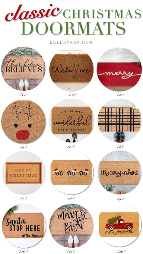 24 Christmas Doormats -- from Classic to Cheeky! | Kelley Nan Christmas Door Mat Diy, Diy Christmas Door Mat, Holiday Front Porch, Christmas Doormats, Doormat Ideas, Gold And White Christmas, 1980s Christmas, Diy Christmas Door, Mantel Christmas