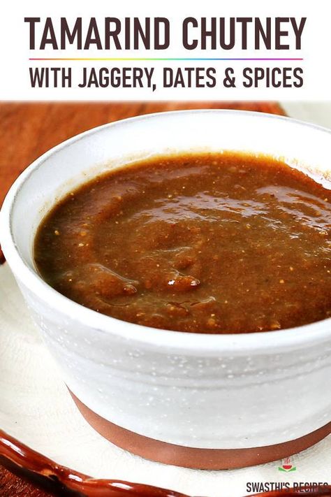 Tamarind chutney is a delicious condiment made with tamarind, jaggery, dates and spices. Try this sweet, tangy and slightly hot chutney with snacks or chaats. #chutney #condiment #tamarindchutney #vegan Indian Condiments, Tamarind Date Chutney, Indian Chutney Recipes, Date Chutney, Samosa Recipe, Roasted Fennel, Tamarind Chutney, Dosa Recipe, Cooking Recipes Healthy