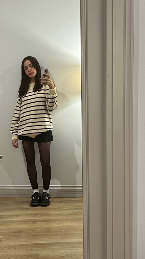 Mary Janes Dr Martens Outfit, Dr Marten Mary Janes Outfit, Dr Martens Polley Outfit, Skirt With Docs, Striped Sweater Aesthetic, Dr Marten Mary Jane Outfit, Mary Janes Docs, Dr Martens Mary Jane Outfit, Mary Jane Shoes Outfit Dr Martens