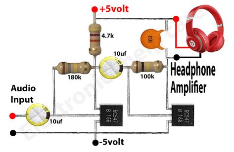 This is a Headphone amplifier circuit diagram. sometimes we need an amplifier for our headphones because of the low sound volume. some tv has no headphone output line. there have only one audio pre-out for another amplifier. there we need this circuit diagram Amplifier Circuit Diagram, First Transistor, Power Engineering, Mini Amplifier, Diy Amplifier, Electronic Circuit Design, Electrical Circuit Diagram, Subwoofer Amplifier, Electronics Basics