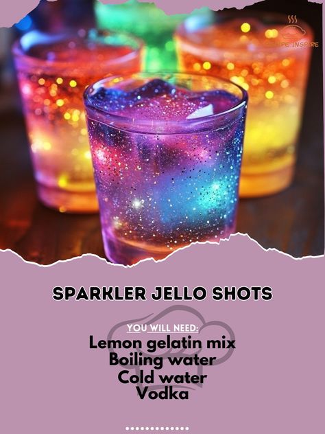 🎇 SPARKLER Jello Shots: Light up your party with these fun shots! 🎇✨ #SparklerShots #PartyFun SPARKLER Jello Shots Ingredients: Lemon gelatin mix (1 box, 3 oz) Boiling water (1 cup) Cold water (1/2 cup) Vodka (1/2 cup) Edible glitter (optional) Instructions: Dissolve gelatin mix in boiling water. Add cold water and vodka, stirring well. Pour into shot glasses or a mold. Sprinkle with edible glitter, if desired. Refrigerate until set, about 2-4 hours. 🎇 Shine bright with SPARKLER Jello Sho... Jello Shots Wedding, Space Theme Jello Shots, Disco Jello Shots, Galaxy Jello Shots, 90s Theme Jello Shots, Birthday Cake Jello Shots, Jell-o Shot Recipe, Glitter Jello Shots, Themed Jello Shots