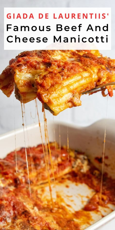 Beef And Cheese Manicotti, Manicotti Pasta, Stuffed Manicotti, Cheese Manicotti, Giada De Laurentiis Recipes, Giada Recipes, Manicotti Recipe, Italian Comfort Food, Italian Dinner Recipes