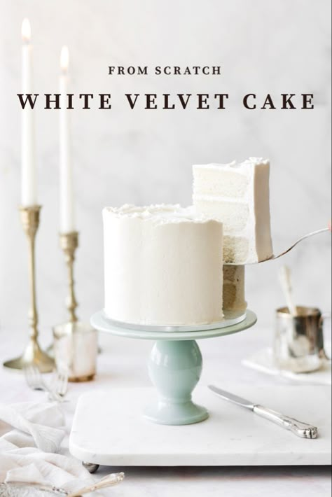 The fluffiest, softest white velvet cake recipe! Frosted with vanilla buttercream, this white cake is absolutely heavenly. A high altitude tested recipe. White Velvet Wedding Cake, Softest Cake Recipe, Mini White Cake Recipe, Vanilla Velvet Cake Recipe, Vanilla Velvet Cake, White Icing Cake, White Frosted Cake, White Velvet Cake Recipe, White Wedding Cake Recipe