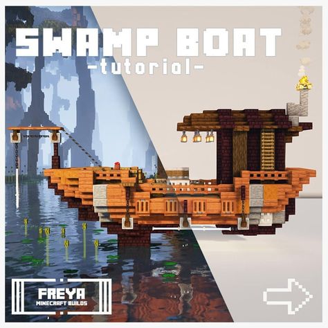 Freya | Minecraft Builder on Instagram: “Swamp Boat Tutorial ____________________________ Due to high demands I felt obligated to give you guys a tutorial. This is meant to show…” Minecraft Sunken Ship, Minecraft Japanese Boat, Sea Lantern Minecraft, Fishing Boat Minecraft, Minecraft Boat Tutorial, Minecraft Tugboat, Minecraft Shipwreck House, Freya Minecraft Builds, Minecraft Boat Blueprints