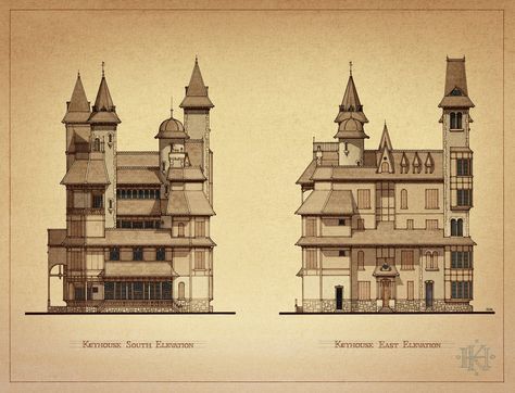 Keyhouse Elevations 2 by GabrielRodriguez on DeviantArt Manor Blueprints, Locke And Key House, Gothic Manor, Locke And Key, Key House, Victorian Exterior, Summit Homes, Floor Plan Ideas, Blades In The Dark