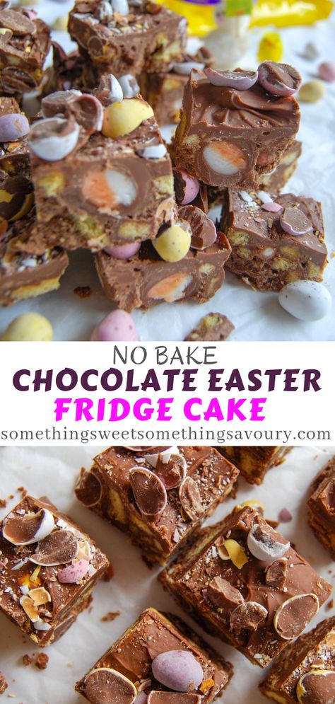 An easy, no bake Chocolate Easter Fridge Cake with Cadbury mini eggs and Creme eggs!  Easter chocolate heaven! - Something Sweet Something Savoury Tiffin Cake, Easy Easter Baking, Chocolate Fridge, Chocolate Fridge Cake, Chocolate Traybake, Cadbury Mini Eggs, Fridge Cake, Creme Eggs, Chocolate Raisins