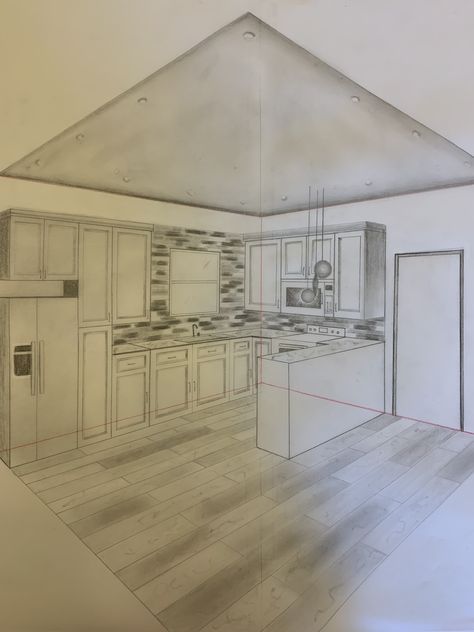 Kitchen Drawing One Point Perspective, Dining Room One Point Perspective, Kitchen Interior Perspective, Perspective Drawing One Point, Kitchen Design 2d Drawing, Interior Design Sketches Perspective Kitchen, 2 Point Perspective Drawing, Bathroom Design Plans, Kitchen Drawing