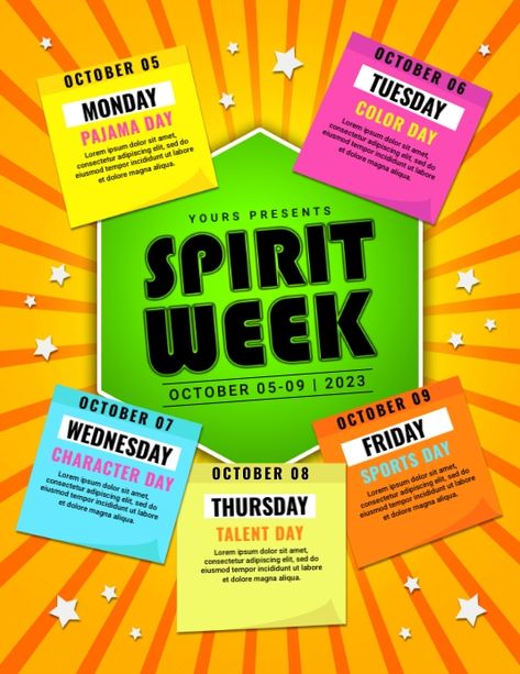 Colorful Spirit Week Event Flyer, school spirit week flyer template, business spirit week flyer template, colorful post it notes spirit week templates, professional flyer templates, school educational event flyers, downloadable flyers, spirit week celebration event flyer templates. School Spirit Week Posters, Spirit Week Poster Ideas, Weekly Activities Flyer Design, Spirit Week Flyer, Spirit Week Flyer Template, Spirt Days Ideas Highschool, Student Council Activities, Instagram Graphic Design, School Spirit Week