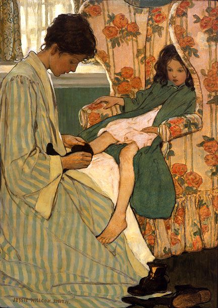 This illustration by the American artist Jessie Willcox Smith is called A Mother's Days which I thought was pretty appropriate considering it's Mother's Day today! Jessie Willcox Smith's illustrations are in the classic Arts and Crafts/ Art Nouveau style which... Jessie Willcox Smith, Carl Larsson, Art Et Illustration, Rembrandt, Childrens Illustrations, Children's Book Illustration, A Chair, Mother And Child, Vintage Illustration