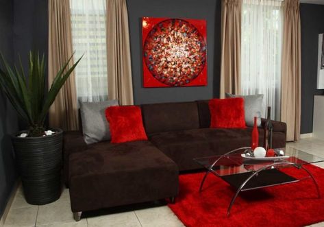 20 Beautiful Red Living Room Design Ideas to Consider Leo Colors, Red Living Room Decor, Room Palette, Brown Living Room Decor, Black Living Room Decor, Furnitur Ruang Keluarga, Red Living, Black Living Room, Living Room Red