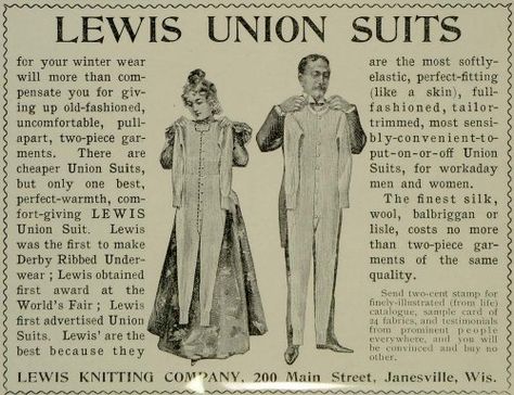 1897 Ad Lewis Knitting Union Suit Underwear Long Johns Men Women Buttons Pajamas - Original Print Ad Union Suit, Long Johns, Print Ad, Print Ads, Winter Wear, Original Prints, Mens Suits, Pajamas, Male Sketch