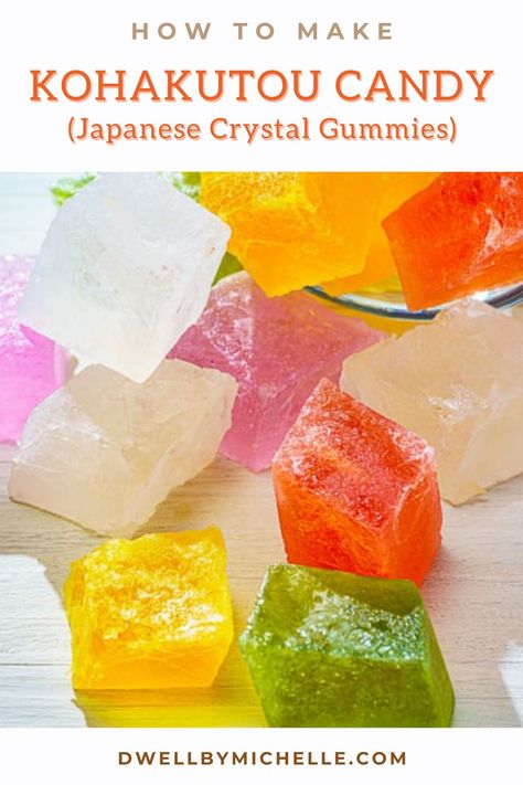 Make your own Japanese Kohakutou at home with this easy recipe! This popular Japanese gummy candy takes just 5 ingredients to make, and is gluten-free, dairy-free, and vegan. The secret ingredient? Agar-agar! Kohakutou Candy, Candy Japanese, Gummies Recipe, Matcha Dessert, Candy Crystals, Crystal Candy, Candy Recipe, Easy Holiday Recipes, Candy Recipes Homemade