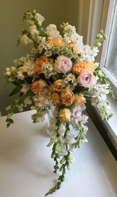 Cascading bouquet of pale pink ranunculus, peach sweetheart roses, white snapdragons, white stock (tinged with pale pink), tiny white daisies and white astrantia. White Astrantia, Floral Design Classes, Pink Ranunculus, Cascading Bouquet, Roses White, Cascade Bouquet, White Daisies, White Stock, Ranunculus