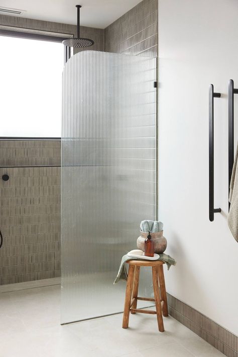 the block 2023 master ensuite kristy and brett glass shower screen Ribbed Shower Screen, Hidden Shower Walk In, Reeded Glass Shower Screen, Shower Glass Ideas, Reeded Glass Bathroom, Shower Screen Ideas, Shower Screens Ideas, Fluted Glass Bathroom, Standing Shower Ideas