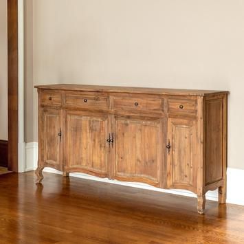 French Country and Farmhouse Style Cabinets | The Bella Cottage – The Bella Cottage Inc. French Country Sideboard, Country Sideboard, Sideboard Styles, French Sideboard, Pine Sideboard, Iron Accents, Reclaimed Pine, Wood Care, Cafe Tables