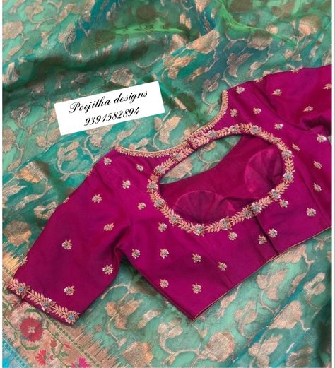 Dark Pink Work Blouses, Pink Maggam Blouse Designs, Dark Pink Blouse Designs, Pot Neck Maggam Work Designs, Pot Neck Blouse Designs Back, Pink Maggam Work Blouse Designs, Pink Blouse Maggam Work Designs, Pot Neck Blouse Designs, Pista Saree