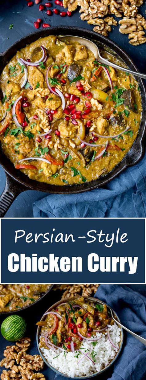 Persian Style Chicken Curry With Walnuts and Pomegranate - my take on Fesenjan stew - with added veggies! Gluten Free too! Persian Recipes, Persian Cuisine, Curry Dishes, Middle Eastern Food, Persian Style, Persian Food, Idee Pasto Sano, Chicken Curry, Middle Eastern Recipes