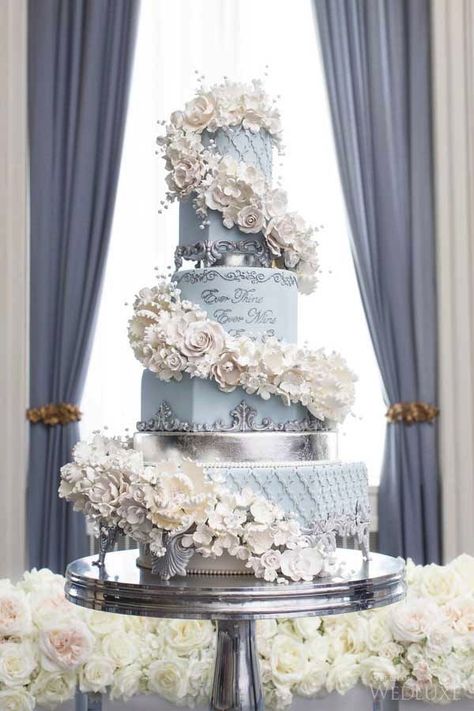 . Blue Wedding Cake, Extravagant Wedding Cakes, Cake With Flowers, Dream Wedding Cake, Extravagant Wedding, Tiered Cake, Amazing Wedding Cakes, Gorgeous Wedding Cake, Modern Wedding Cake