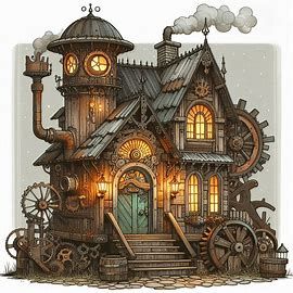 a small rural steampunk house - Image Creator from Microsoft Designer Gothic Steampunk Architecture, Steampunk Architecture Concept Art, Steam Punk Buildings, Steampunk Building Concept Art, Fantasy House Drawing, Steampunk House Exterior, Steam Punk House, Steam Punk City, Steampunk Mansion