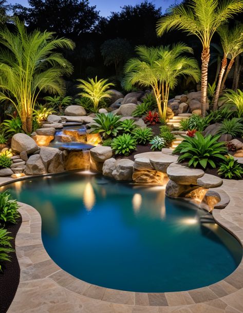 43 Stunning Pool Ideas To Elevate Your Outdoor Space Landscape And Pool Design, Curvy Swimming Pools, Unique Pool Ideas, Patio With Small Pool, Luxurious Pool Area, Mediterranean Backyard Ideas Pools, Rock Pool Art, Landscape Pool Ideas, Pool Entrance Ideas