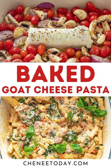 This baked goat cheese pasta with spinach and mushrooms is incredible! This is the baked goat cheese tomato pasta Tiktok inspired me to make, a recipe for pasta with goat cheese and spinach that is so easy and delicious! Enjoy this goat cheese pasta recipe! Goat Cheese Tomato Sauce, Lemon Goat Cheese Pasta, Oven Baked Pasta Sauce, Goat Cheese Cherry Tomatoes, Dinner Recipes Goat Cheese, Easy Goat Cheese Pasta, Spinach Pasta Dishes, Goats Cheese Pasta Recipes, Cherry Tomato Goat Cheese Pasta