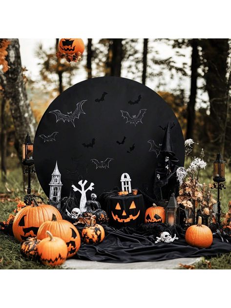 Package Includes: Elevate your Halloween celebrations with our 1-pack of black Round Halloween cloth. It will perfect for creating a mesmerizing backdrop that will captivate your guests. Halloween-Themed Party Backdrop: Set the stage for a bewitching Halloween celebration with our balck Round Halloween cloth. Lightweight yet durable, our round Halloween cloth is the ideal choice for creating a captivating party backdrop. Halloween Party Decorations: these Circular background cloth will elevate the ambiance and enhance the Halloween festive spirit of your celebrations. Prepare for a spellbinding and joy-filled celebration, where the ambiance is elevated to new heights, and the view is simply breathtaking.  Note: This product is not suitable for shelving and only has a circular background cl Plywood Party Backdrop, Halloween Photo Backdrop Diy Outdoor, Halloween Vendor Booth Ideas, 1st Halloween Birthday Party, Halloween Backdrop Photobooth, Halloween Backdrop Ideas, Halloween Photobooth, Haunted Hollywood, Halloween Photo Backdrop