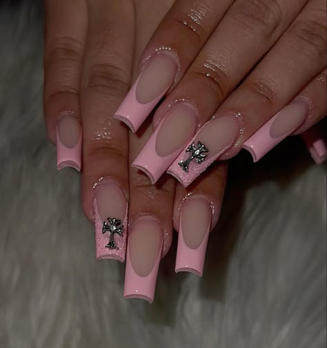 Cross Charm Acrylic Nails, Nail Acrylics With Gems, Cute Basic Nails Acrylic Coffin Medium, R Nails Designs, Pink Nails With Cross Charm, Pink French Tip Nails With Gems, Pink Nails With Cross, Pink French Tip With Gems, Simple White French Tip Nails