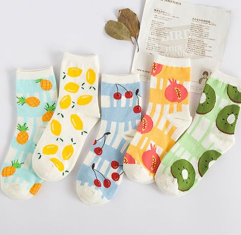 image Fruit Socks, Pineapple Socks, Korean Cartoon, Pretty Socks, Korean Socks, Socks Packaging, Fall Outfits Korean, Fishnet Socks, Lace Diy