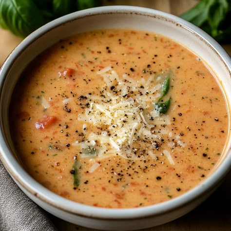 Creamy Tomato Basil Parmesan Soup Tomato Basil Parmesan Soup, Almond Buttercream, Creamy Tomato Basil Soup, Parmesan Soup, Ginger Chutney, Gourmet Grilled Cheese, Pumpkin Spice Donut, Comfort Desserts, Basil Recipes