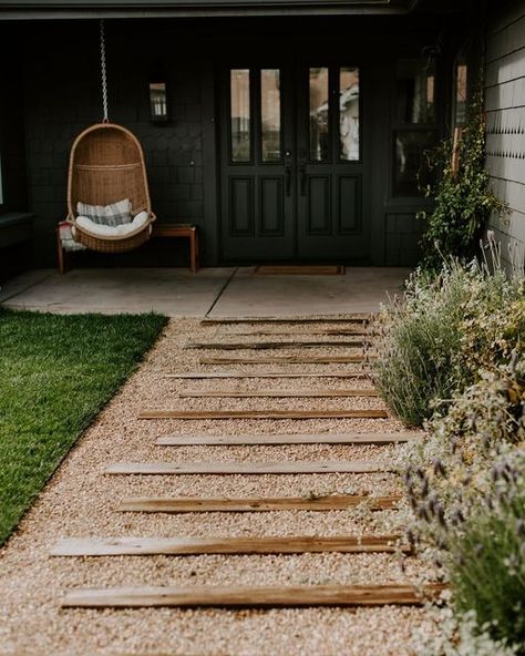 Ben |  Fredrickson Landscape, Inc. on Instagram: "Cottage Garden pathway🌾 (for a client that wanted a ‘wow factor’ and something different than traditional concrete.)

This landscape tie and 3/8” rock path was the perfect fit for their modern cottage vibe.

I’ve worked with a ton of clients in my landscaping career and there’s nothing better than creating a yard that feels uniquely theirs.🤙🏼

Looking for yard options that match your style? I listed 3 other affordable pathway ideas in a recent blog post. (Linked in bio!)

——————
Follow for more yard inspiration!

 ⁣#beforeandafter #renovation #renovating #landscaping #landscaper #yard #yardart #garden #gardens #gardeninspiration #outdoorliving #landscapedesigner #gardendesigner #gardenlove #landscapingideas #outdoorlivingspace #gardenide Back Door Steps, Coastal Yard, No Grass Yard, Cottage Courtyard, Rock Path, Pathway Ideas, Fall Yard, Yard Inspiration, Garden Desig