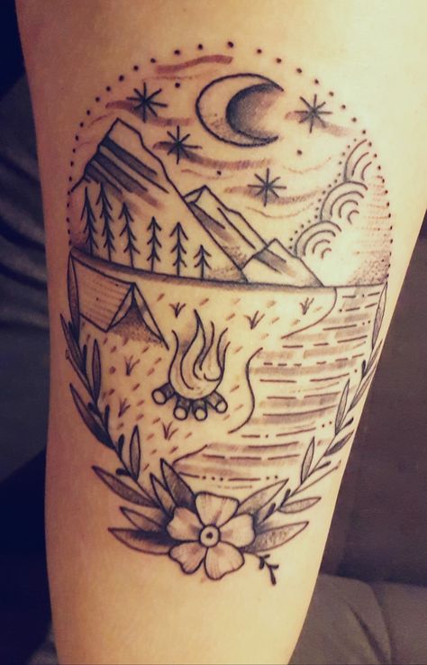 camping tattoo #tattoo #blacktattoos #linework #thightattoo # Tattoo Camping, Tattoos Calf, Camping Tattoo, Woodcut Tattoo, Thigh Tat, Fire Tattoo, Tattoo Flash Sheet, Leg Tattoo, Tattoo Tattoo