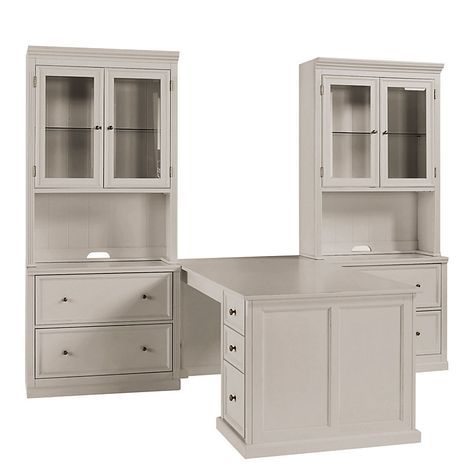 Our Tuscan Collection offers the custom versatility and finishing of a built-in at a fraction of the cost so you can utilize every square inch of space. Crafted of wood and wood veneers. Our Desk Return includes the right leg, left cabinet and work surface. The Hutch coordinates with the Double Lateral File to create display space and file storage. Hutch doors have beveled glass fronts and includes recessed interior lighting. Two adjustable shelves and cable ports on either side make component h Thanksgiving Craft, Tuscan Design, Mediterranean Home Decor, Tuscan House, Tuscan Decorating, Small Room Design, Mediterranean Home, Tuscan Style, Mediterranean Homes