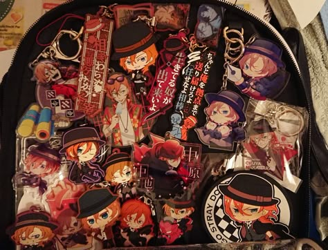 Bsd Ita Bag, Chuuya Plush, Ita Bag Ideas, Bsd Merch, Itabag Ideas, Ita Bags, Ita Bag, Bag Pins, Backpack Decoration