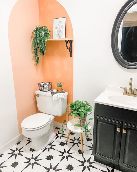 Hi, I’m Tricia, and I’m obsessed with $4 paint samples!! Yes, yes, yes. The arches and the cabinet were all painted with $4 paint… Painted Arch Bathroom, Compact Toilet, Peach Bathroom, Wooden Toilet Seats, Wooden Toilet, Toto Washlet, Bidet Attachment, Kohler Toilet, Toilet Seats