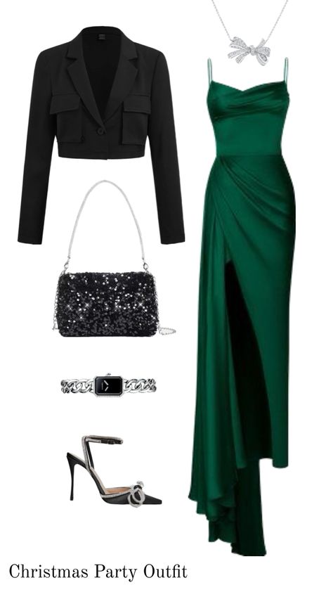 Christmas Party Outfit: deep green dress and black accessories Deep Green Dress, Green Christmas Party, Party Dress Outfit, Christmas Party Outfit, Office Christmas Decorations, Christmas Party Dress, Office Christmas, Black Accessories, Green Christmas