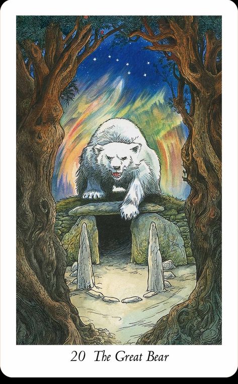 My favorite card from the Wildwood Tarot - Major Arcana XX The Great Bear (Judgement). This bear guards the tomb entrance, awaiting the time of rebirth.⁠ .⁠ I think, because Bear has been my spirit animal for decades, that this is why I relate so strongly to the image. Bear as protector during hard times, Bear as protector of sleep and dreams. How appropriate that he guards the tomb of those who have fallen.⁠ What will happen tomorrow when they are born to a new life? .⁠ Wild Wood Tarot, Wildwood Tarot, Judgement Tarot Card, Tarot The Fool, Wild Unknown Tarot, Tarot Major Arcana, Tarot Art, Bear Art, Major Arcana