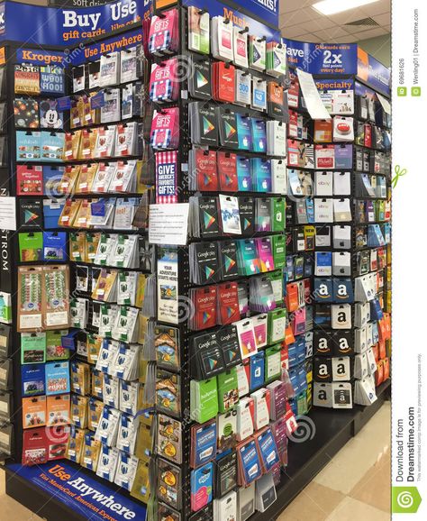 Photo about Lots of gift cards on shelves selling at supermarket, TX USA. Image of interior, background, produce - 69681626 Taco Bell Gift Card, Steam Gift Card, Congrats Gifts, Mcdonalds Gift Card, Itunes Card, Apple Gift Card, Credit Card App, Apple Gifts, Free Gift Card Generator