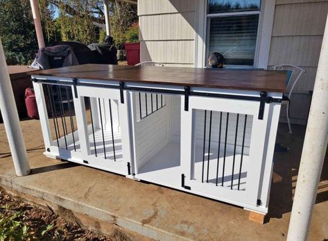 Double Dog Crate Furniture | Dog Kennel | Sliding Barn Door Kennel | Custom Dog Crate Furniture Dog Dens, Double Dog Crate Furniture, Furniture Dog Kennel, Modern Dog Crate, Custom Dog Crate, Double Dog Crate, Dog Den, Pet Crates, Dog Kennel Furniture