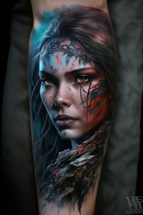 Traditional Tattoo Upper Arm, Individual Tattoo, Female Warrior Tattoo, Tato Tradisional, Mujeres Tattoo, Black Line Tattoo, Mystic Girls, Girl Face Tattoo, Realistic Tattoo Sleeve