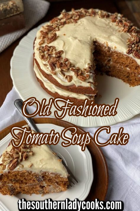 Picture of the tomato soup cake with one slice cut out on a dish. This is a two layer cake with frosting between the layers and on top and garnished with nuts. Tomato Soup Spice Cake, Oklahoma Cake Recipe, Tomato Soup Cake Recipe, Recipe For Tomato Soup, Homemade Spice Cake, Brown Sugar Cream Cheese Frosting, Tomato Soup Cake, Tomato Cake, Southern Foods