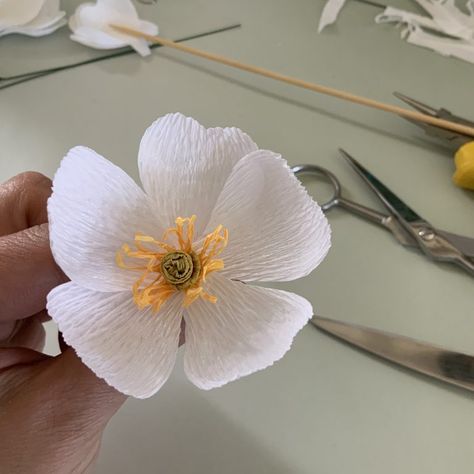 Crepe paper Rosehip branch – Part I: Making the flowers - Realistic Paper Flowers, Craft Aesthetic, Crepe Paper Crafts, Apple Flowers, Fleurs Diy, Easy Paper Flowers, Paper Plants, Paper Flower Decor, Paper Flower Crafts