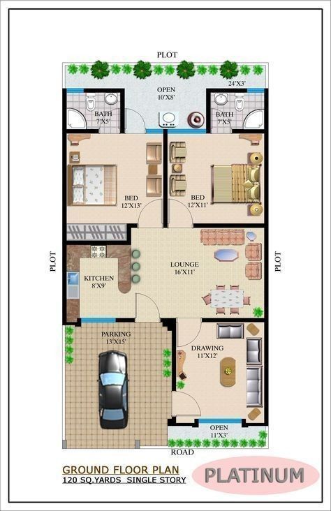 Ground Plan, Single Storey House Plans, 20x40 House Plans, 30x40 House Plans, Single Floor House Design, 2bhk House Plan, Bungalow Floor Plans, Indian House Plans, Little House Plans