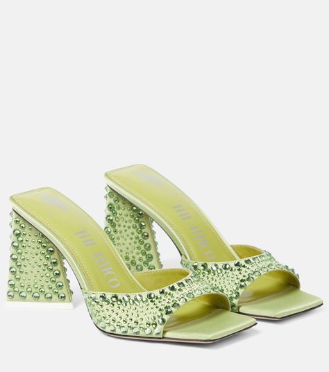 Mini Devon Embellished Satin Mules in Green - The Attico | Mytheresa Mytheresa Shoes, Cinderella Shoes, The Attico, Mood Board Fashion, Pretty Shoes, Leather Mules, Dream Shoes, Designer Heels, Mule Clogs