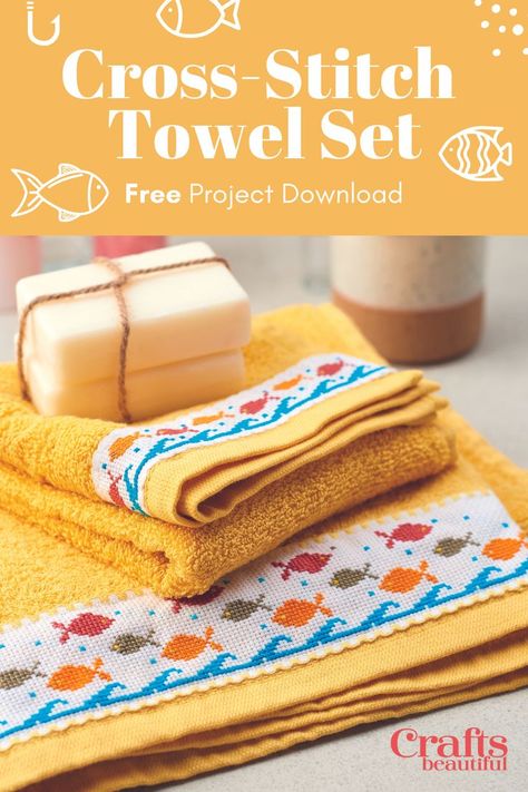 Cross Stitch Towels, Cross Stitch For Towels, Towel Cross Stitch, Cross Stitch Towel, Bathroom Cross Stitch, Colourful Fish, Tea Towels Diy, Cross Stitch Kitchen, Quick Diy