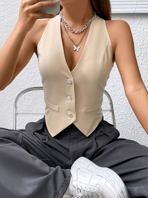 Women's Vest Summer, Tux Vest Outfits For Women, Beige Vest Blazer Outfit, V Neck Vest Outfits For Women, Vest Ideas For Women Casual, Waist Vest Outfits For Women, Tuxedo Vest Outfit Women, Women’s Vest, Trendy Vest Outfit